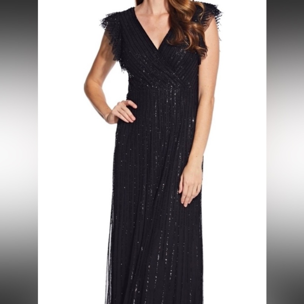 Adrianna Papell Flutter Sleeve Black Gown